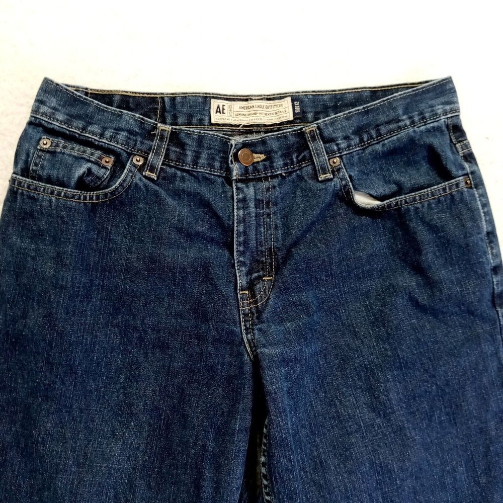 American Eagle Jeans Womens 12 (32) Bootcut Cotton‎ Hole Dark Wash - Picture 2 of 13